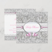 Roze en Silver Floral Bow Baby shower Uitnodiging (Voorkant / Achterkant)