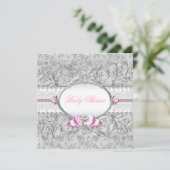 Roze en Silver Floral Bow Baby shower Uitnodiging (Staand voorkant)