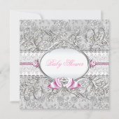 Roze en Silver Floral Bow Baby shower Uitnodiging (Voorkant)