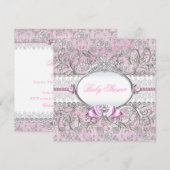 Roze en Silver Floral Bow Baby shower Uitnodiging (Voorkant / Achterkant)