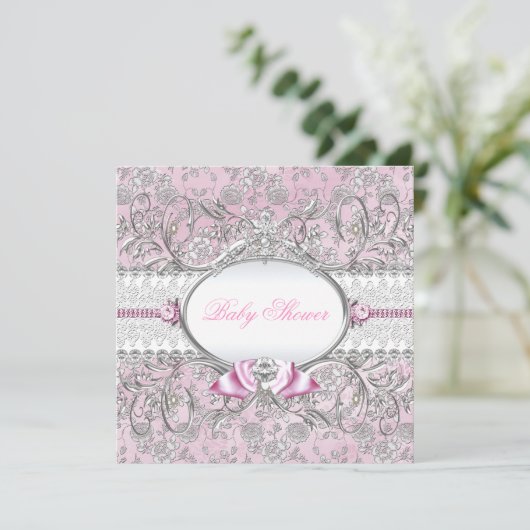 Roze en Silver Floral Bow Baby shower Uitnodiging (Staand voorkant)