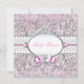 Roze en Silver Floral Bow Baby shower Uitnodiging (Voorkant)