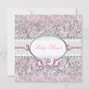 Roze en Silver Floral Bow Baby shower Uitnodiging