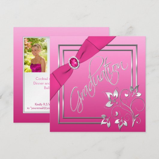 Roze en Silver Floral Foto Afstuderen Uitnodiging (Voorkant / Achterkant)