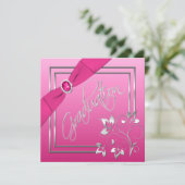 Roze en Silver Floral Foto Afstuderen Uitnodiging (Staand voorkant)