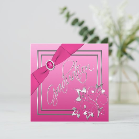 Roze en Silver Floral Foto Afstuderen Uitnodiging (Staand voorkant)