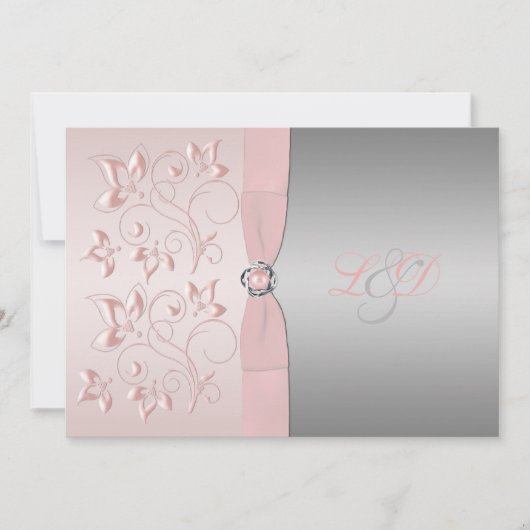 Roze en Silver Floral Monogrammed Invitation Kaart (Voorkant)