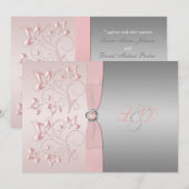 Roze en Silver Floral Monogrammed Invitation Kaart (Voorkant / Achterkant)
