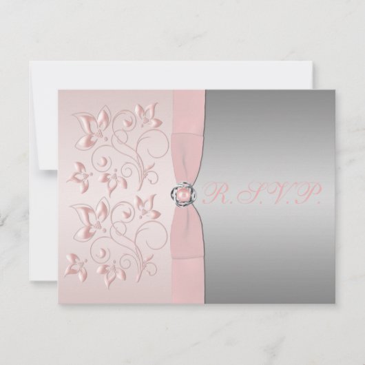 Roze en Silver Floral Reply Card RSVP Kaartje (Voorkant)