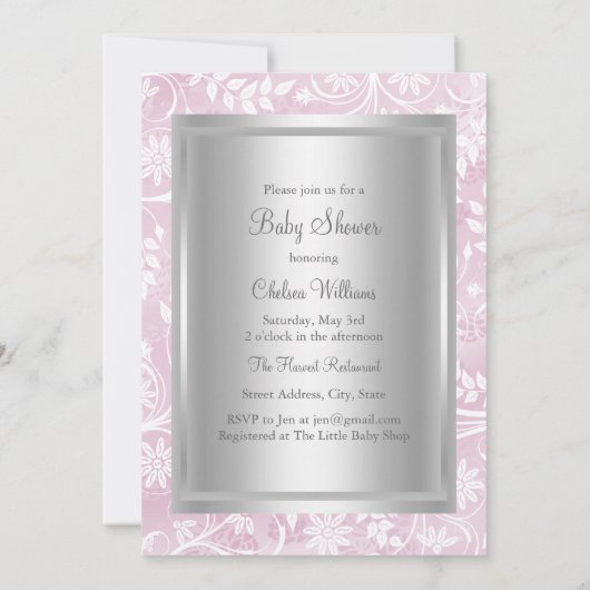 Roze en Silver Flower Baby shower Invitation Kaart (Achterkant)