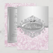 Roze en Silver Flower Baby shower Invitation Kaart (Voorkant / Achterkant)