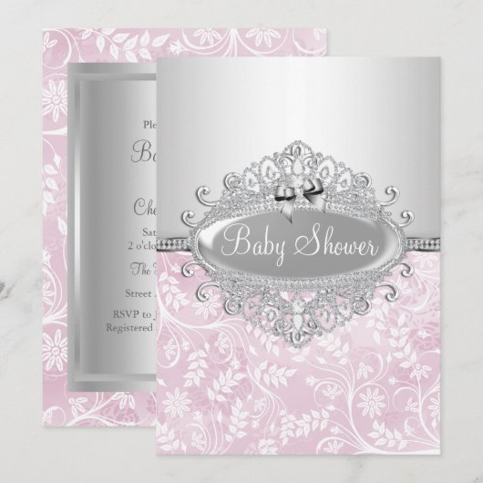 Roze en Silver Flower Baby shower Invitation Kaart (Voorkant / Achterkant)