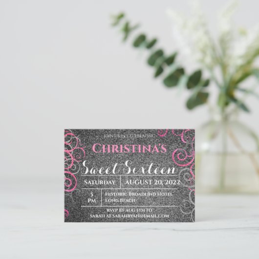 Roze en Silver Glitter Birthday Invitation Informatiekaartje (Staand voorkant)