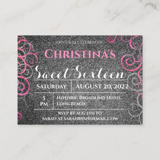 Roze en Silver Glitter Birthday Invitation Informatiekaartje (Voorkant)