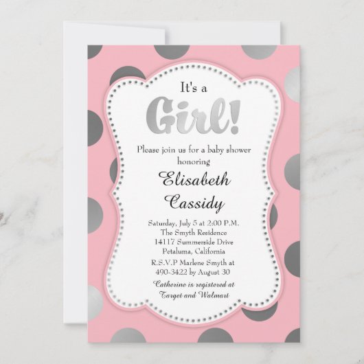 Roze en Silver Polka Dots Baby shower Uitnodiging (Voorkant)