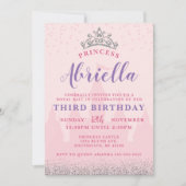 Roze en Silver Princess Birthday Invitation Kaart (Voorkant)