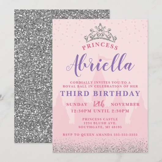 Roze en Silver Princess Birthday Invitation Kaart (Voorkant / Achterkant)