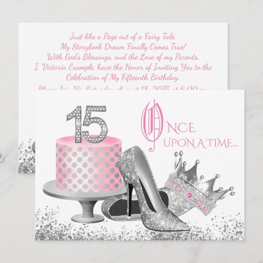 Roze en Silver Quinceanera Birthday Party Kaart (Voorkant / Achterkant)