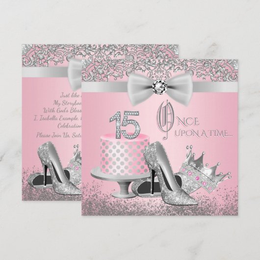 Roze en Silver Quinceanera Birthday Party Kaart (Voorkant / Achterkant)