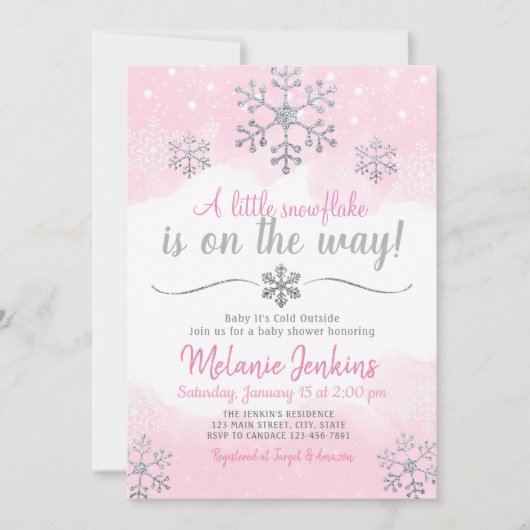 Roze en Silver Snowflake Baby shower Uitnodiging (Voorkant)