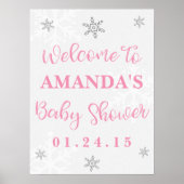 Roze en Silver Snowflake Baby shower Welkomstteken Poster (Voorkant)