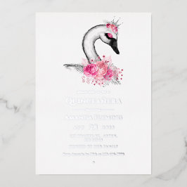 Roze en Silver Swan Quinceañera Folie Uitnodiging