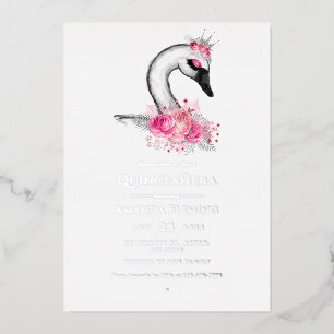Roze en Silver Swan Quinceañera Folie Uitnodiging