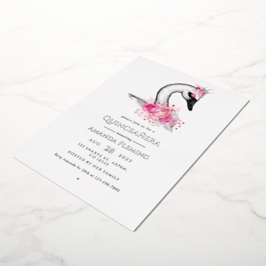 Roze en Silver Swan Quinceañera Folie Uitnodiging (Gedraaid)