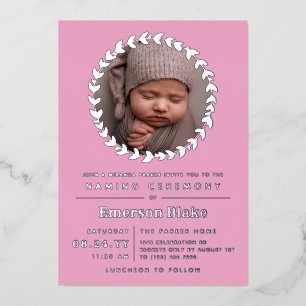 Roze en Silver Wreath Baby Photo Naming-ceremonie Folie Uitnodiging