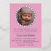 Roze en Silver Wreath Baby Photo Naming-ceremonie Folie Uitnodiging (Voorkant)