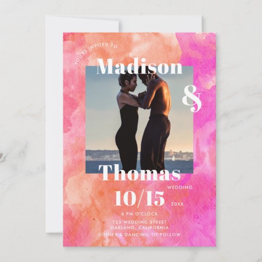 Roze en Sinaasappel 1 foto Bold Minimalist Wedding Kaart (Voorkant)