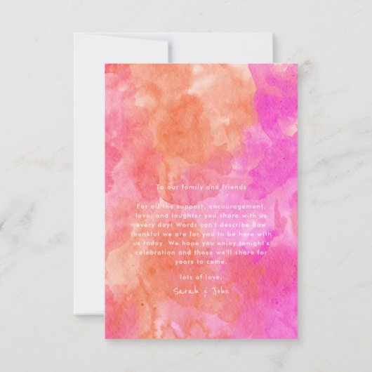 Roze en Sinaasappel Abstracte Waterverf Bold Weddi Bedankkaart (Achterkant)