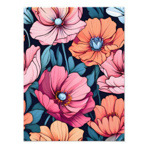 Roze en Sinaasappel Bloemen op Zwart Foto Afdruk