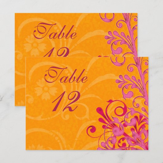 Roze en Sinaasappel Bloemen Trouwtafel Kaarten (Voorkant / Achterkant)