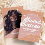 Roze en Sinaasappel Boho Arch & Photo Retro Sweet  Kaart<br><div class="desc">Roze en Oranje Boho Arch & Photo Retro Sweet 16 Uitnodiging</div>