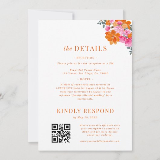 Roze en Sinaasappel Bright Floral Wedding & Detail Kaart (Achterkant)