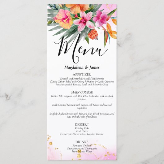 Roze en Sinaasappel Kleurrijke Tropische Bloemen B Menu (Voorkant)