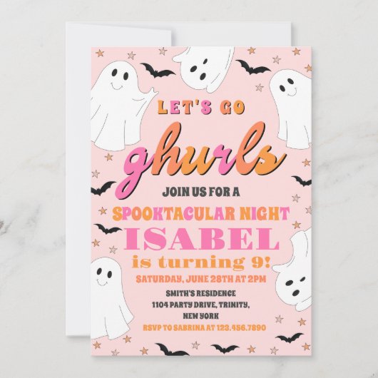 Roze en Sinaasappel Let's Go Ghurls Halloween Verj Kaart (Voorkant)