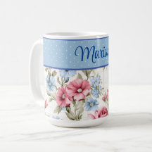 Roze en Sky Blue Floral en Polka Dots Mok