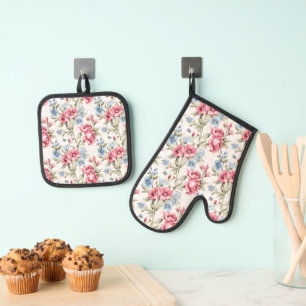 Roze en Sky Blue Floral en Polka Dots Ovenwant & Pannenlap Set