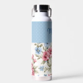Roze en Sky Blue Floral en Polka Dots Waterfles (Voorkant)