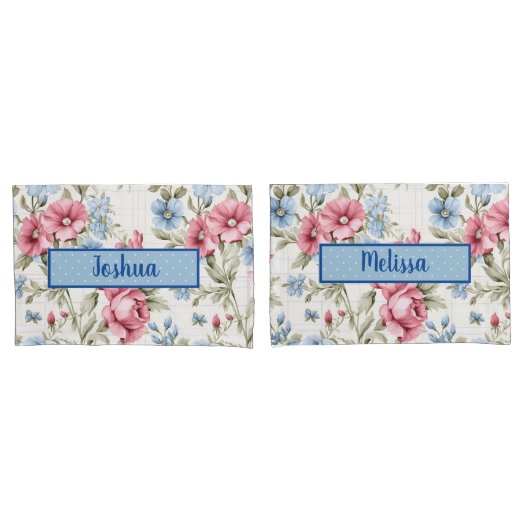 Roze en Sky Blue Floral - Polka Dot - Monogrammed Kussensloop (Voorkant-Set)