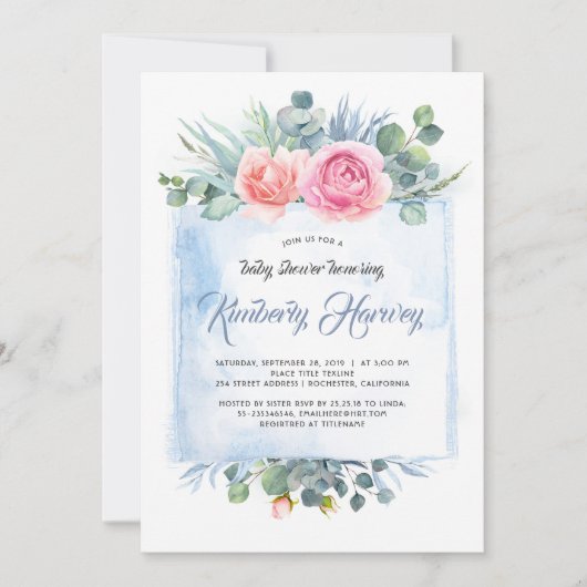 Roze en Stoffig Blauw Bloemen Baby shower Kaart (Voorkant)