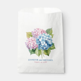 Roze en stoffig blauwe hortensia's bruiloft bedankzakje