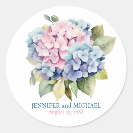 Roze en stoffig blauwe hortensia's trouwcirkel ronde sticker