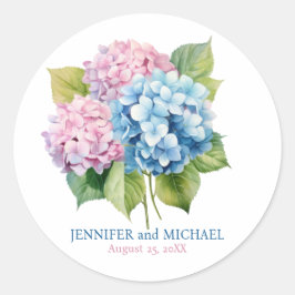 Roze en stoffig blauwe Hydrangea's Huwelijkscirkel Ronde Sticker