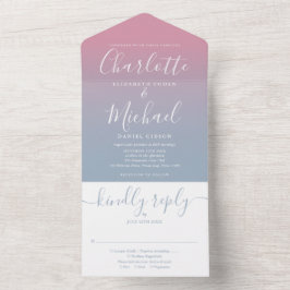 Roze en stoffig blauwe Ombre Elegante Script Bruil All In One Uitnodiging