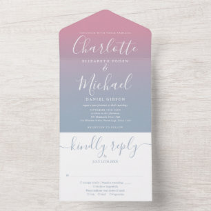 Roze en stoffig blauwe Ombre Elegante Script Bruil All In One Uitnodiging