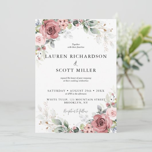 Roze en Stoffig Rood Bloemen Uitnodiging (Staand voorkant)