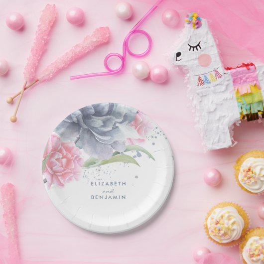 Roze en stoffige blauwe bloemen Waterverf bruiloft Papieren Bordje (Feest)